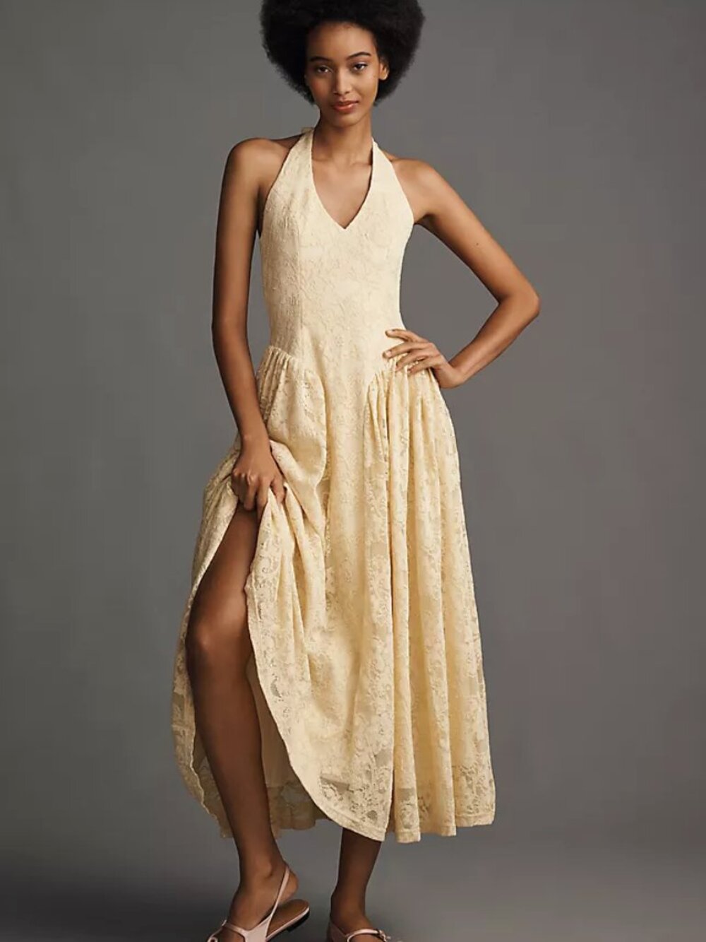 Extro&Vert Mila Elegant Yellow Lace Halter Midi Dress Size XS Anthropologie